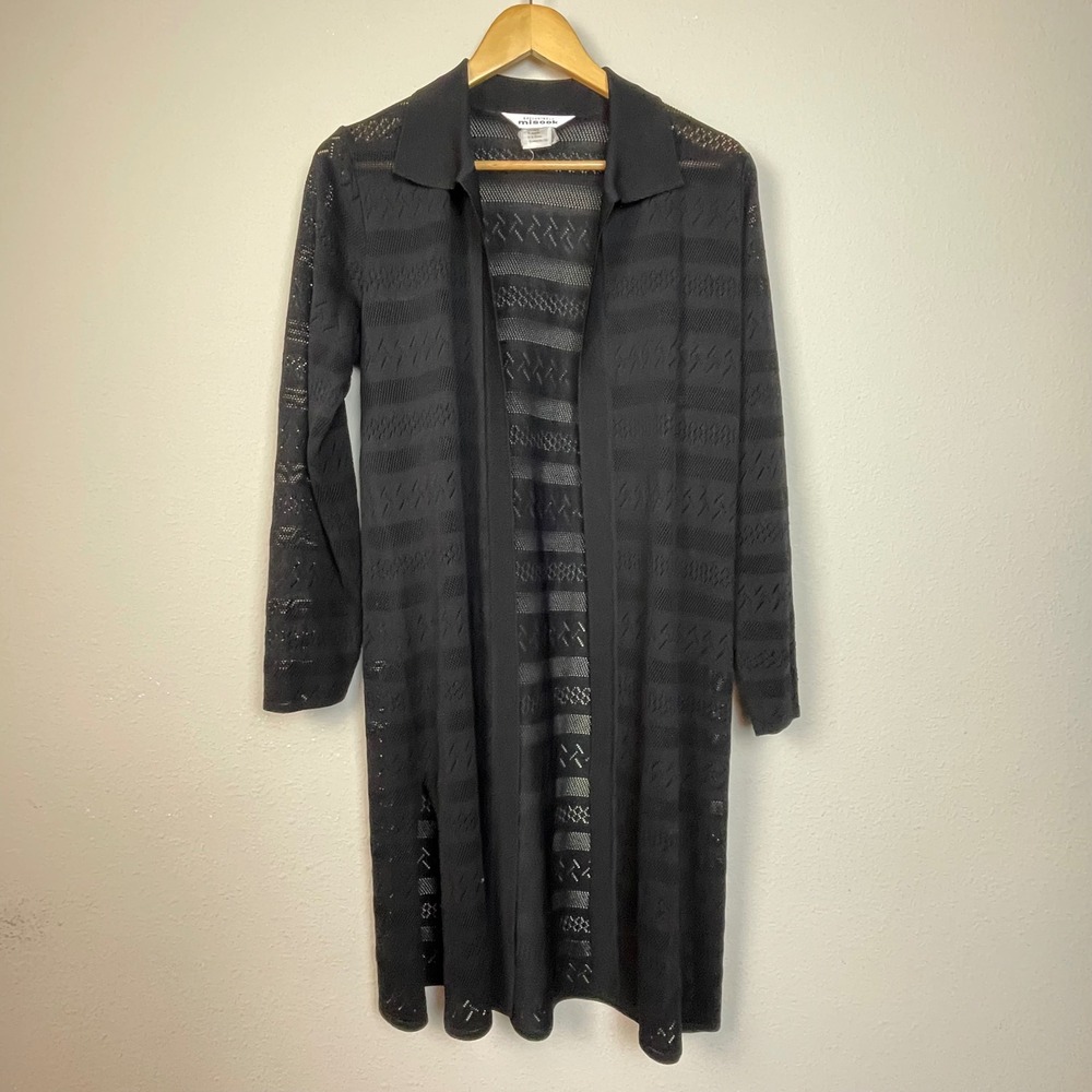 Misook Black Sheer Lace Knit Long Cardigan Sweater Duster Size M